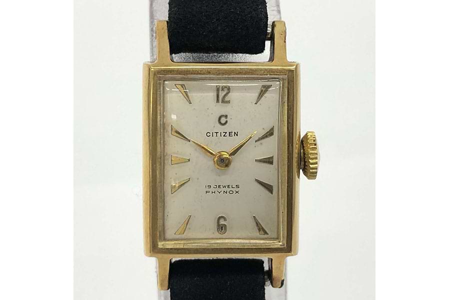 シチズン 金無垢腕時計 スクエア 手巻き 750/革 白